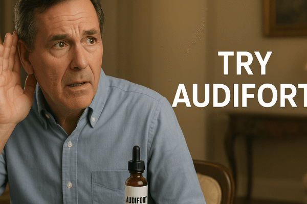 Older man sitting in an elegant living room, leaning forward to hear better, with a bottle of Audifort on the table and the text “Try Audifort” next to it.