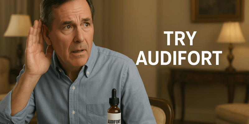Older man sitting in an elegant living room, leaning forward to hear better, with a bottle of Audifort on the table and the text “Try Audifort” next to it.
