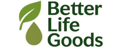 "Minimalist logo of Better Life Goods with a green leaf and water drop, symbolizing wellness, healthy living, and sustainable products."