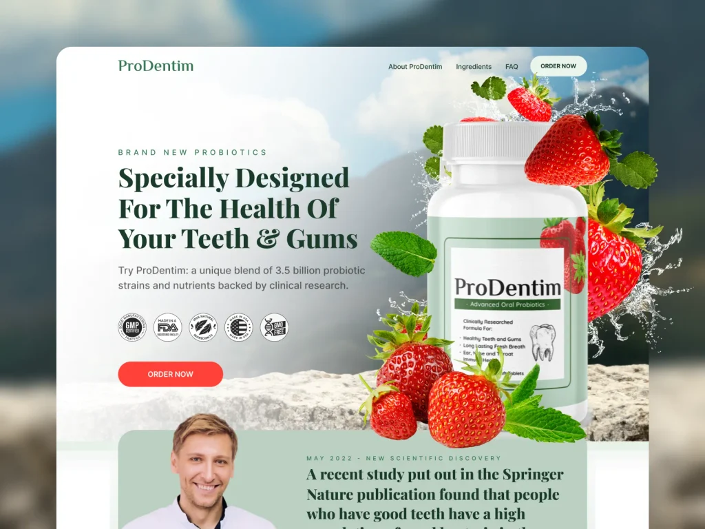 ProDentim oral probiotic supplement bottle standing next to white chewable soft tablets