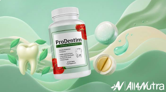 ProDentim oral probiotic supplement bottle standing next to white chewable soft tablets